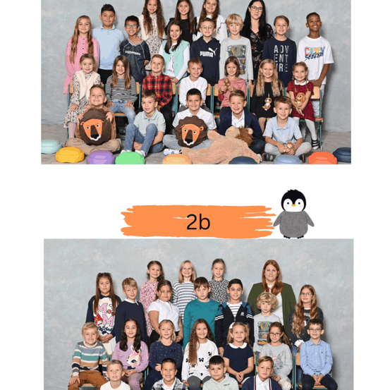 Zwei Fotos eines Klassenzimmers, eines mit Schülern und eines mit Kindern, die Kuscheltiere halten. Beide Fotos haben ein Pinguin-Logo in der Mitte.