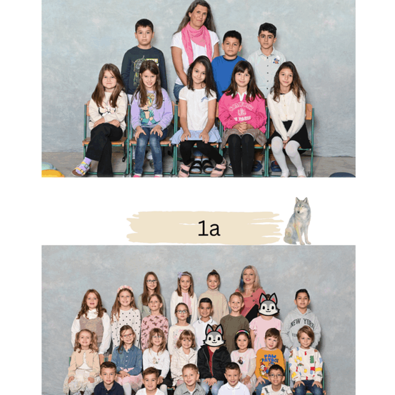 Eine Gruppe von Kindern und einer Frau sitzen auf Stühlen in einem Raum. Die Kinder lächeln und scheinen für ein Foto zu posieren. Die Frau steht in der Mitte und hält einen Stock. Die Kinder tragen verschiedenfarbige Kleidung und einige von ihnen tragen eine Brille. Der Raum hat eine graue Wand und einen Holzboden.