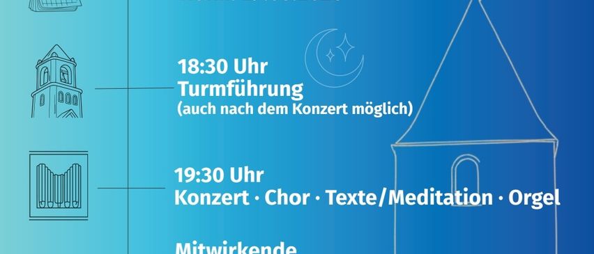 Kirchliche Veranstaltung in der Bergkirche Bromberg am 29.05.2026. Turmführung um 18:30, Konzert mit Chor, Texten/Meditation, Orgel um 19:30. Anschließend Agape, Fingerfood & Getränke.
