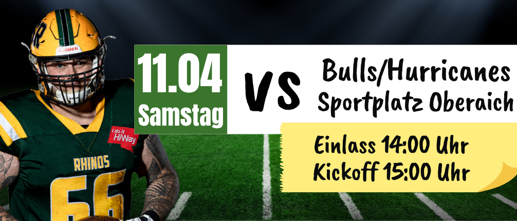 Football player in green and yellow jersey, helmet, and number 56 stands on the field. Date 11.04. Saturday, Bulls vs Hurries, Sportsplatz Ob. Doors open at 14:00, kick-off at 15:00.
