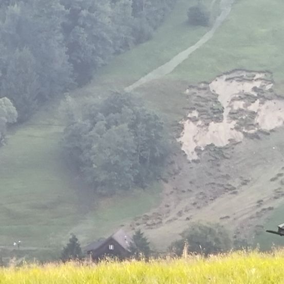 Ein Hang mit einem Rutschgebiet und einem kleinen Haus. Grüne Bäume und Gras umgeben das Gebiet, und ein schmaler Pfad führt zum Hang.