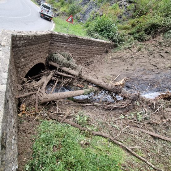 Ein Auto fährt auf einer Straße in der Nähe einer beschädigten Brücke mit umgestürzten Bäumen und Schlamm, die den Wasserweg blockieren.