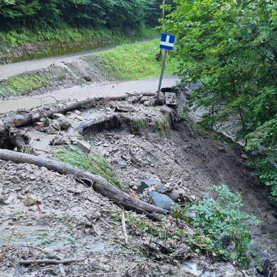 Eine Straße mit einem beschädigten Abschnitt, schlammigem Gelände, umgestürzten Baumstämmen und einem Schild mit einem Kreuz darauf.