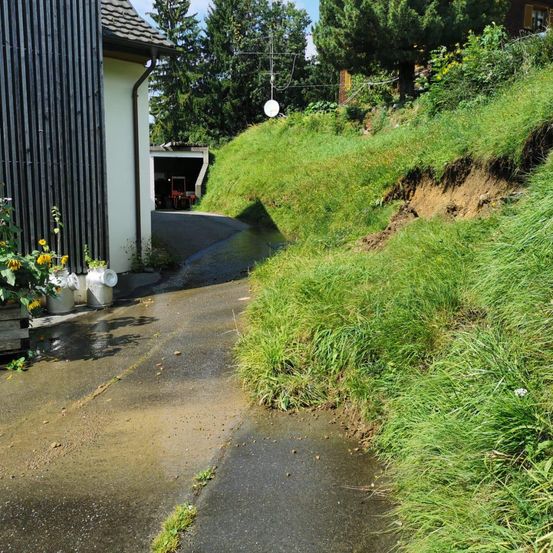 Die Einfahrt eines Hauses führt zu einer Garage. Rechts eine Böschung mit Gras und einem abgerutschten Bereich. Bäume und Pflanzen umgeben das Gelände.