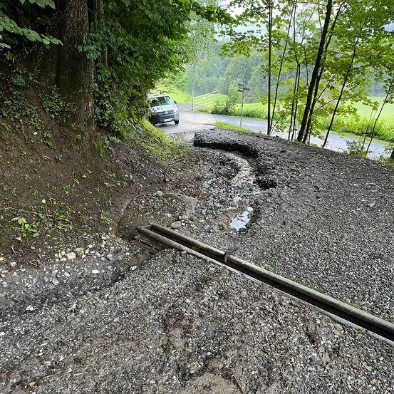 Ein Lieferwagen fährt auf einer Straße mit beschädigter Oberfläche, umgeben von Grün und Bäumen, mit einem kleinen Bach, der daneben verläuft.