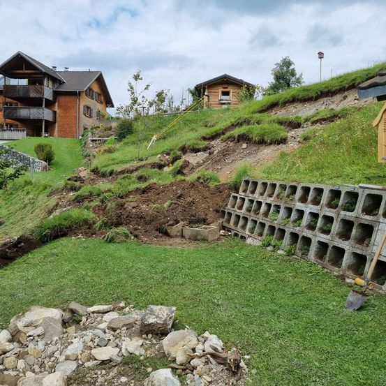 Ein Hang mit einem großen braunen Haus und einem kleineren Holzhaus. Eine Schaufel liegt auf dem Gras und eine Betonblockwand befindet sich an der Seite.