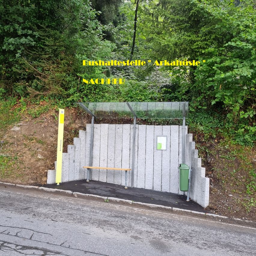 Eine Bushaltestelle befindet sich am Straßenrand. Sie hat ein Glasdach und eine Holzbank. Ein grüner Mülleimer steht rechts.