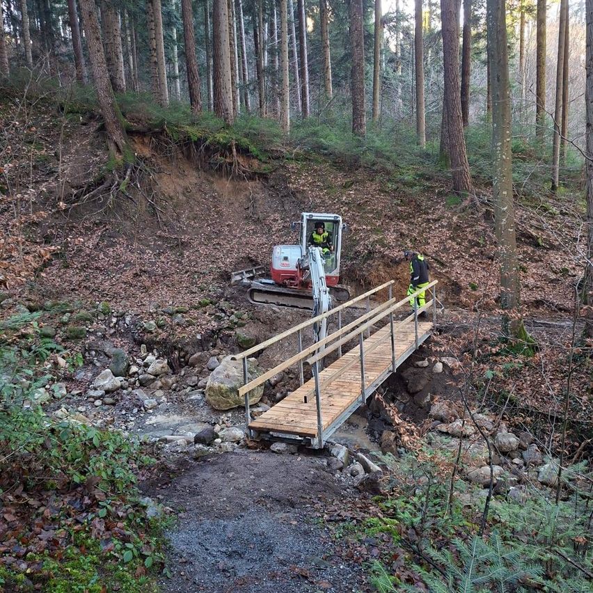 Arbeiter bauen eine Holzbrücke im Wald, in der Nähe eines Baufahrzeugs.
