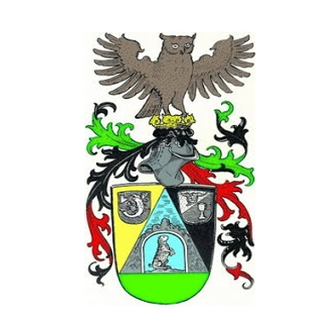 Ein Wappen zeigt eine Eule auf einem Helm, umgeben von dekorativen Blättern. Unten ist ein Schild in Abschnitte unterteilt, mit verschiedenen Symbolen, einschließlich einer Person und einem Becher.