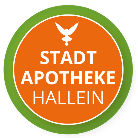 Orange und grüner runder Logo mit einer weißen Taube und dem Text 'Stadt Apotheke Hallein'.