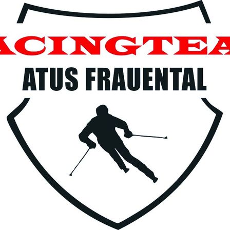 Das Logo für das Racing Team Atus Frauental zeigt einen stilisierten Skifahrer in Bewegung, vor einem schildförmigen Hintergrund. Der Text 'RACING TEAM ATUS FRAUENTAL' ist in Rot hervorgehoben.