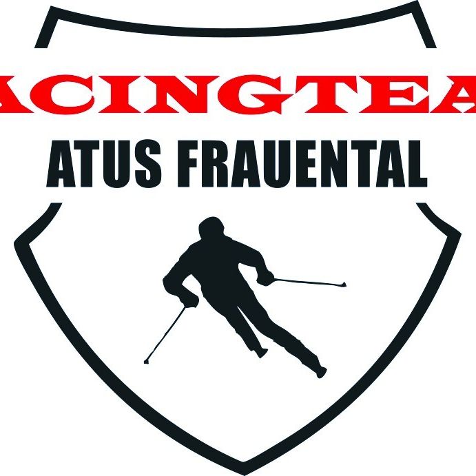 Das Logo für das Racing Team Atus Frauental zeigt einen stilisierten Skifahrer in Bewegung, vor einem schildförmigen Hintergrund. Der Text 'RACING TEAM ATUS FRAUENTAL' ist in Rot hervorgehoben.