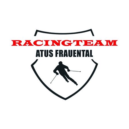 Das Logo für Racing Team Atus Frauental zeigt einen schwarzen Schild mit einem Skifahrer in Bewegung, der Skistöcke hält, und dem Text 'RACINGTEAM ATUS FRAUENTAL'.