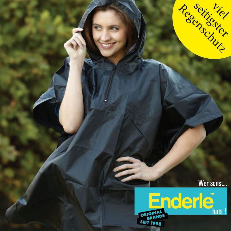Eine lächelnde Frau in einem schwarzen Regenmantel posiert im Freien, mit dem Text 'Enderle' und 'Original Brands seit 1998' in der Ecke.