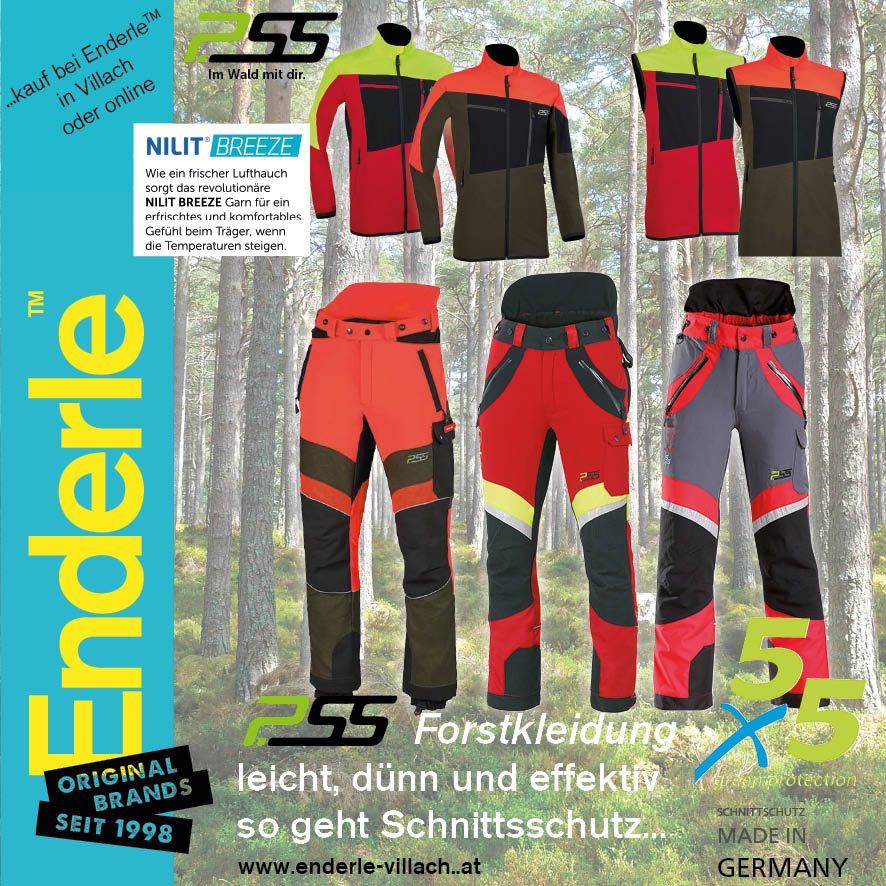 Werbung für Enderlei Forstbekleidung. Zeigt verschiedene Jacken- und Hosen-Sets in Rot, Schwarz, Gelb und Grün. Mit Hintergrund eines Waldes.