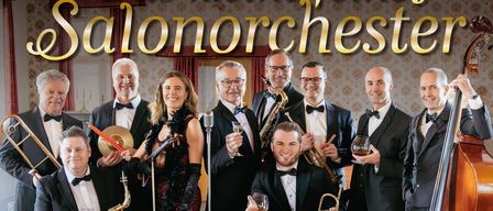 A group of musicians dressed in formal attire, including tuxedos and bow ties, are posing for a photo. They are holding various musical instruments such as trumpets, saxophones, and violins. The image also includes a woman in a red dress and a man in a black suit. The photo is set against a backdrop with the text 'Salonorchester' and a date of September 18, 2026.