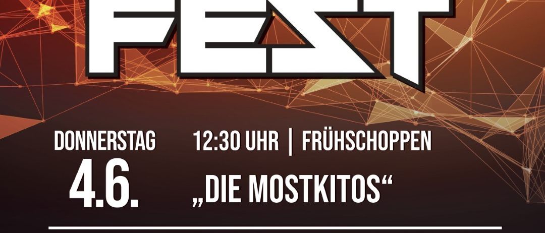 Werbeplakat für Juni Fest Veranstaltung. Donnerstag, 4. Juni, 12:30 Uhr bei Fruhschopppen. Freitag, 6. Juni, 15:00 Uhr bei FF Wettkampfe. Samstag, 7. Juni, 9:30 Uhr bei Messe Fruhschopppen.