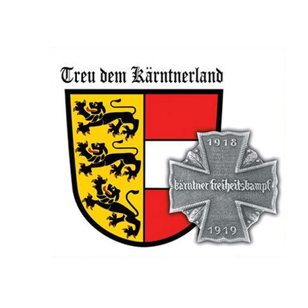 Ein heraldischer Schild mit rotem Hintergrund und gelber Oberseite, der einen schwarzen Löwen mit goldener Krone zeigt, begleitet von einem silbernen Kreuzabzeichen mit den Jahren 1918 und 1919.