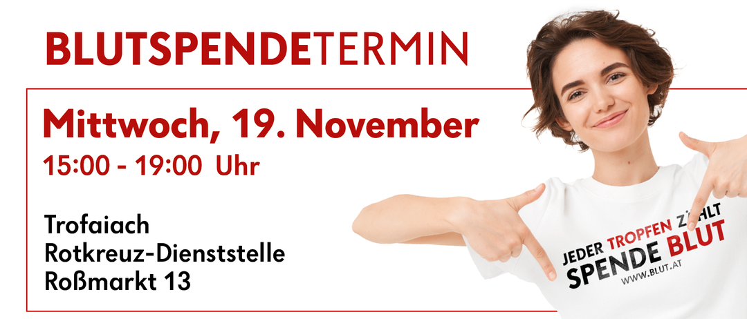 Plakat für eine Veranstaltung, Spendetermin, am Samstag, 19. November, um 8:00 Uhr. Eine Person zeigt auf ein weißes T-Shirt mit den Worten 'Dienststelle 13'.