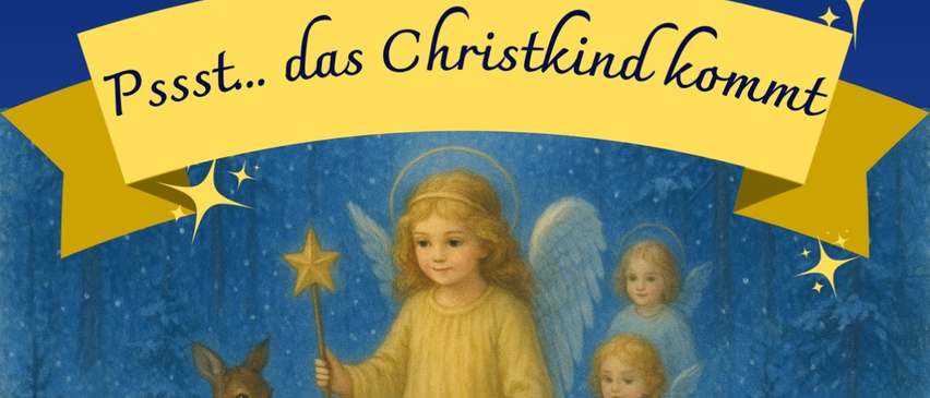 Ein Engel hält einen Stern und führt ein Reh mit zwei Kindern, eines hält einen Stern, alles vor einem blauen Sternenhimmel.