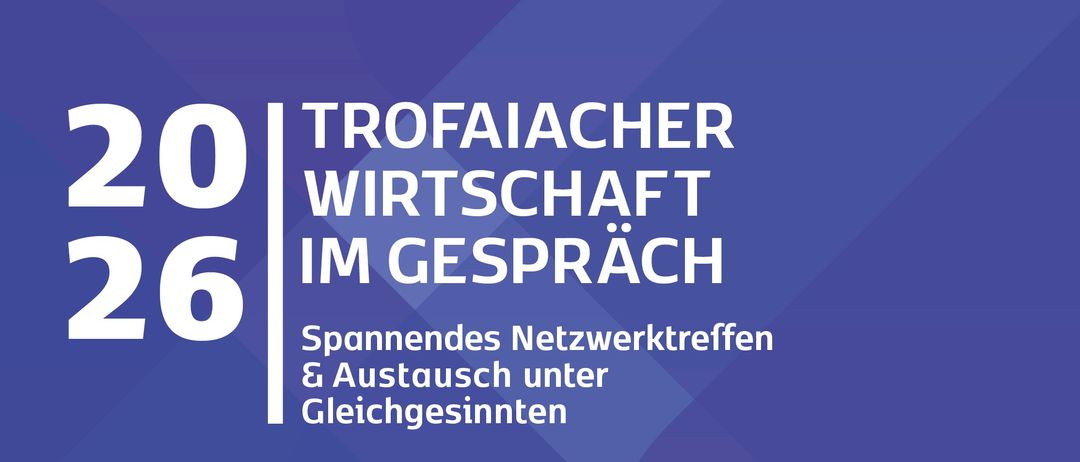 Eine Werbung für Trofaiacher Wirtschaft im Gespräch, mit offenem Austausch mit Unternehmern, Networking-Möglichkeit und einem Vortrag über Social Media für Unternehmen. Datum: 20. Jänner 2026, Zeit: ab 16:00 Uhr, Ort: Kortschak Werbeagentur, Bahnhofstraße 6, 8793 Trofaiach.