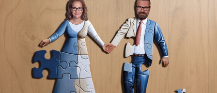 Ein lächelndes Paar, gekleidet in Puzzleteile, hält sich an den Händen vor einer Holzwand. Die Frau trägt ein blaues Kleid und eine Brille, der Mann einen blauen Anzug und eine Krawatte.