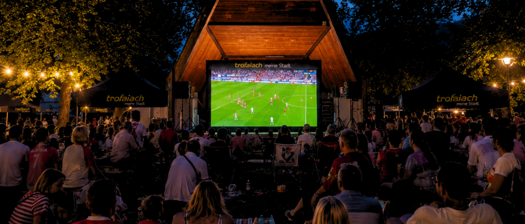 Eine Menge sieht sich ein Fußballspiel auf einer großen Leinwand im Freien an. Der Ort ist nachts mit Bäumen im Hintergrund.