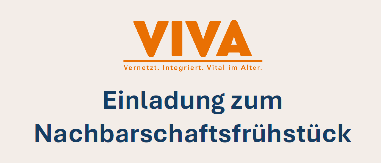 Eine Einladung zum Nachbarschaftsfrühstück, mit zwei Kaffeetassen und einer handgeschriebenen Nachricht auf Deutsch, Logos von Katholishe Kirche Steiermark, Trofaiach und Styria Vitalis, und einem Termin am Freitag, 4. September 2026, zwischen 8:30 und 10:30 Uhr.