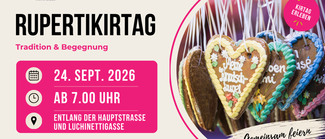 Plakat für einen Handwerksmarkt am 4. September 2026 um 19:00 Uhr entlang der Hauptstraße und Luchinettigasse in Gemeissen, Draüssen. Das Bild zeigt herzförmige Kekse, die an Fäden hängen.