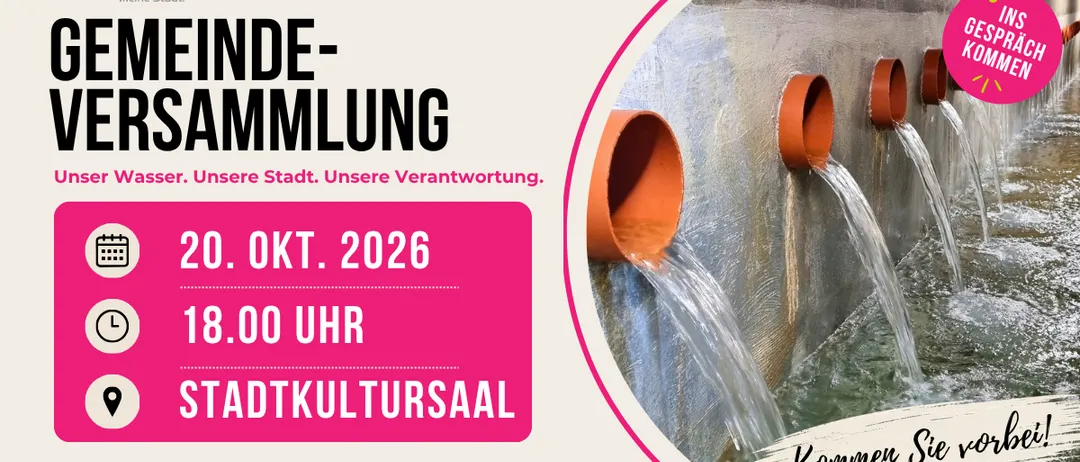 Ein Plakat für eine Veranstaltung mit dem Titel 'Abfallsammlung' mit Datum und Uhrzeit vom 8. Oktober 2026 um 20:00 Uhr. Das Plakat zeigt eine Grafik von Wasser, das aus Rohren fließt.