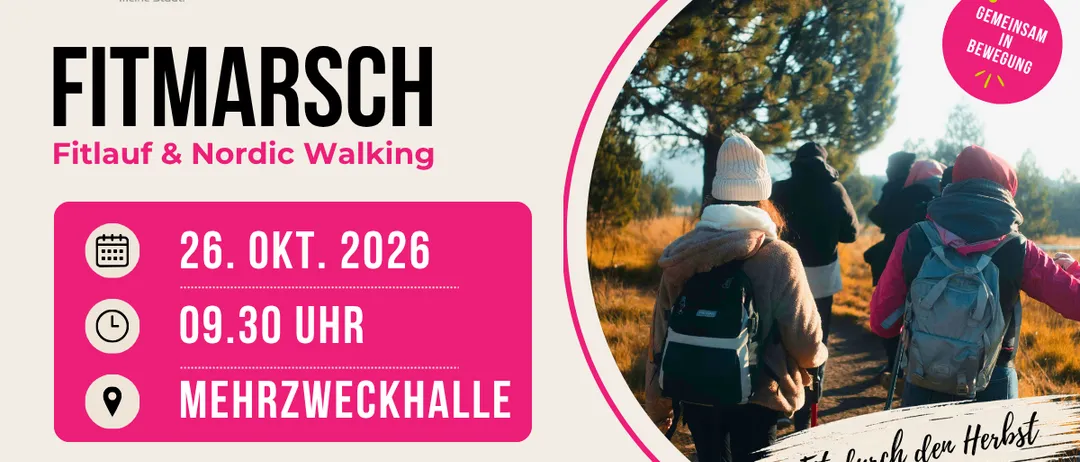 Plakat für Nordic Walking-Event am 6. Oktober 2026 um 9:30 Uhr in der Mehrzweckhalle. Zeigt eine Person in Winterkleidung auf einem Pfad.