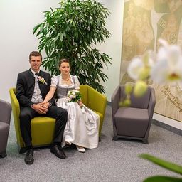 Ein frisch verheiratetes Paar sitzt gemeinsam auf einem gelben Stuhl in einem Raum, mit einer großen Pflanze und Blumen. Die Frau trägt ein traditionelles Hochzeitskleid und der Mann ist in einem Anzug gekleidet.