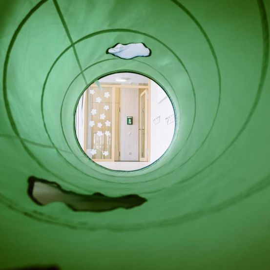 Ein grüner Tunnel mit weißen Wolken und Blumen, von innen gesehen. Er führt in einen Raum mit Holztüren.