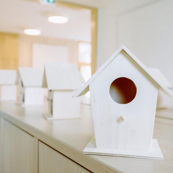 Mehrere weiße Vogelhäuschen sind ordentlich auf einer Holzoberfläche angeordnet. Ein heller Raum mit weißen Wänden und großen Fenstern ist im Hintergrund sichtbar.