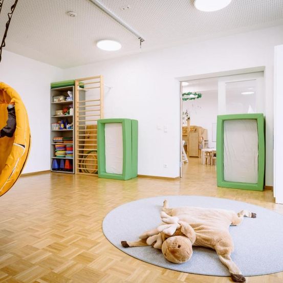 Ein Spielzimmer mit Holzboden, einer hängenden Schaukel und einem Kuscheltier auf einem Teppich. Es gibt einen grünen Aufbewahrungsbehälter, einen Schrank und eine Leiter.