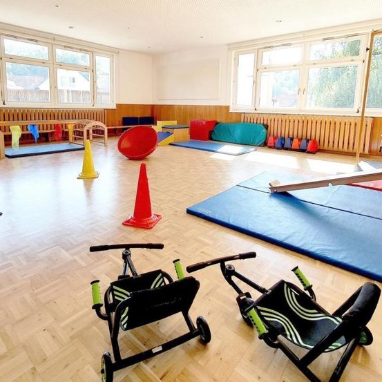 Ein Fitnessstudio mit diversen Übungsgeräten und farbigen Matten. Im Vordergrund befinden sich zwei Fitnessräder.