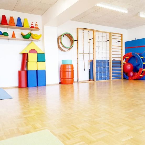 Ein Fitnessstudio mit Holzboden, weißen Wänden und verschiedenen Spielzeugen und Geräten. Bunte Kegel, Ringe und Bausteine sind auf den Regalen und dem Boden angeordnet. Ein hölzerner Hindernisparcours und ein Netz stehen in der Nähe der Wand.