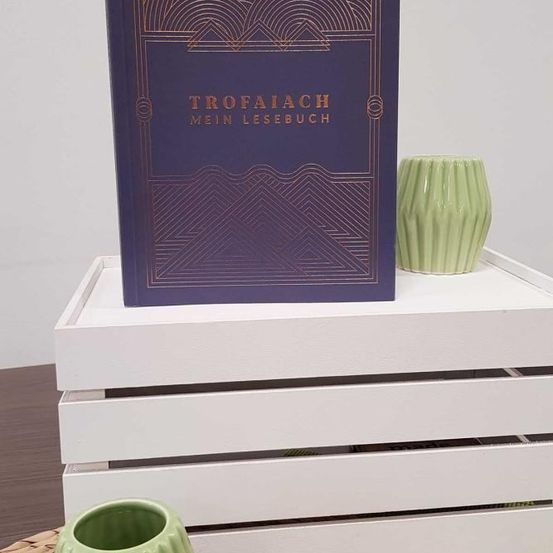 Ein lila Buch mit dem Titel 'Trofalach Mein Lesebuch' liegt auf einem weißen Kistenstapel. Rechts neben dem Buch steht eine grüne Keramikvase. Der Stapel steht auf einem Holztisch. Eine weitere grüne Keramikvase befindet sich in der unteren linken Ecke.