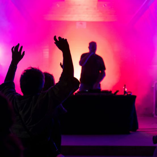 Eine Silhouette einer Person, die in einem dunklen Raum die Hände hebt, mit einem DJ im Hintergrund.