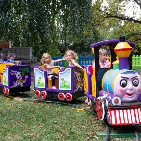 Drei kleine Mädchen fahren mit einem bunten Zug in einem Park mit grünem Gras und Bäumen.