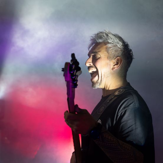 Ein Mann mit grauem Haar und Bart spielt eine lila E-Gitarre auf der Bühne unter bunten Lichtern.