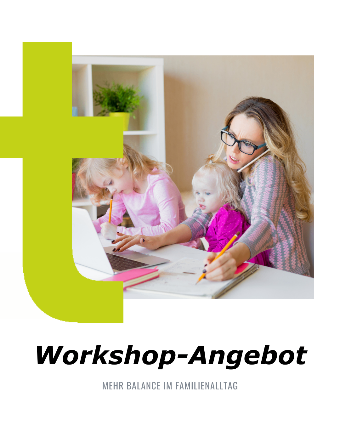 Eine Frau mit einem Handy sitzt an einem Tisch mit zwei kleinen Mädchen, die schreiben. Ein Mädchen benutzt einen Laptop.