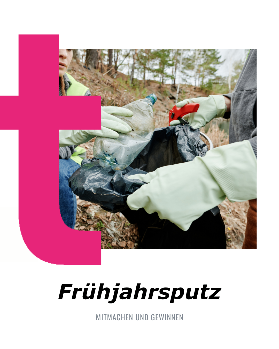 Zwei Personen in grünen Handschuhen sammel Abfall mit einem roten Greifer. Der Text 'Frührjahrsputz' steht darunter.