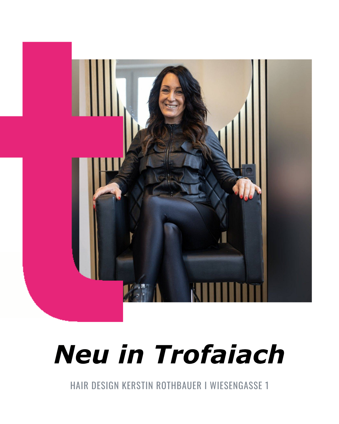 Eine lächelnde Frau in einem schwarzen Lederoutfit sitzt auf einem schwarzen Stuhl, wahrscheinlich in einem professionellen Umfeld. Das Wort 'Neu' in weißem Text erscheint darunter.