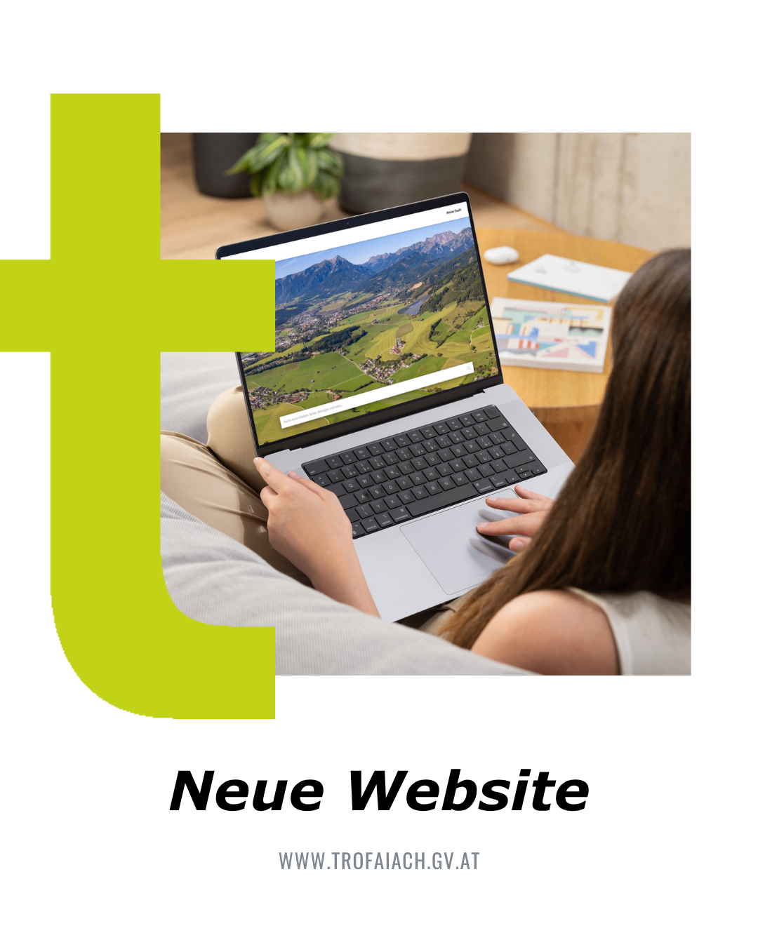 A woman sitting on a couch using a laptop, with a green plus sign in the foreground. The laptop screen shows a mountainous landscape.