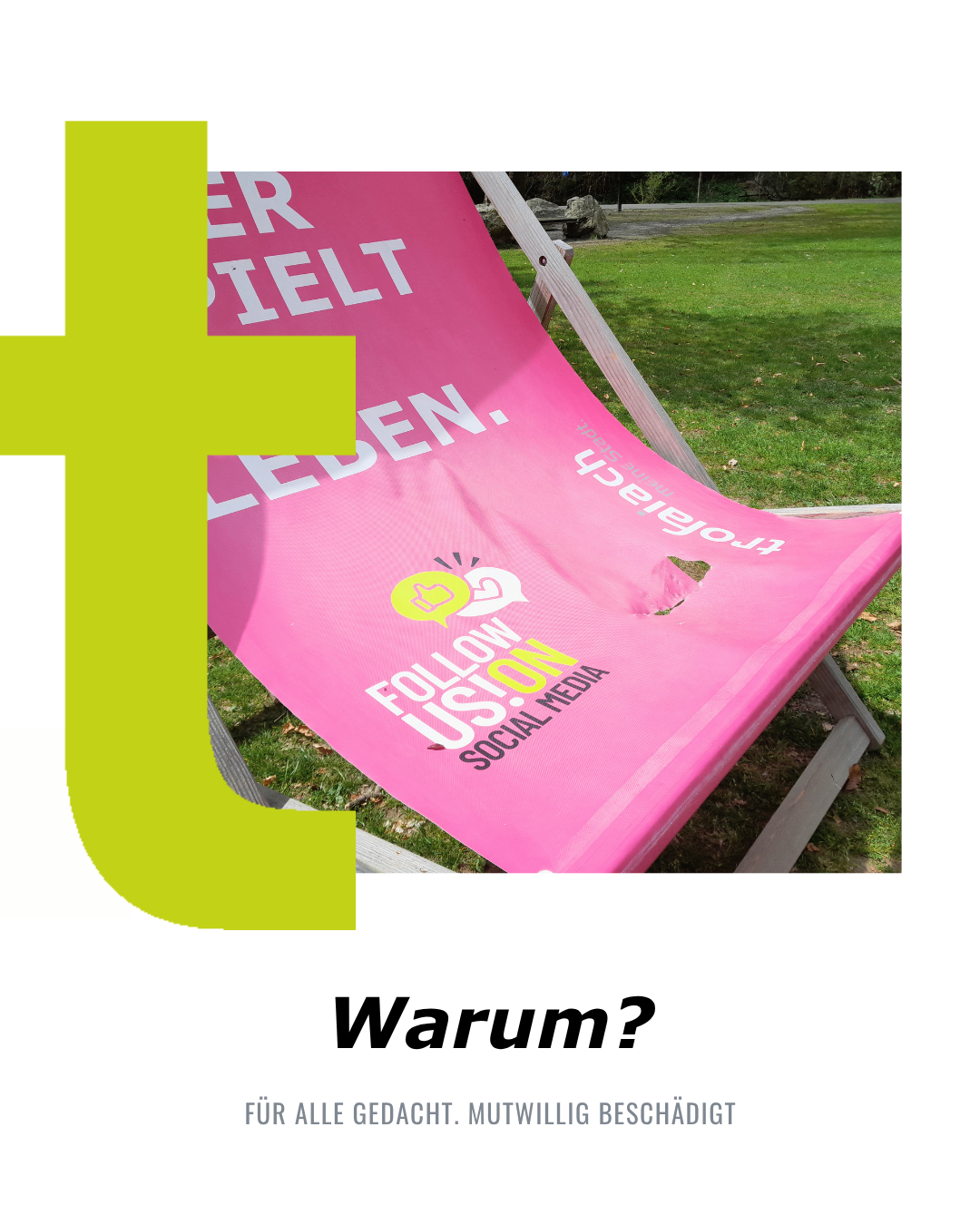 A pink folded chair outdoors with a damaged cover that says Follow Us On Social Media. The chair is placed on a grassy lawn.