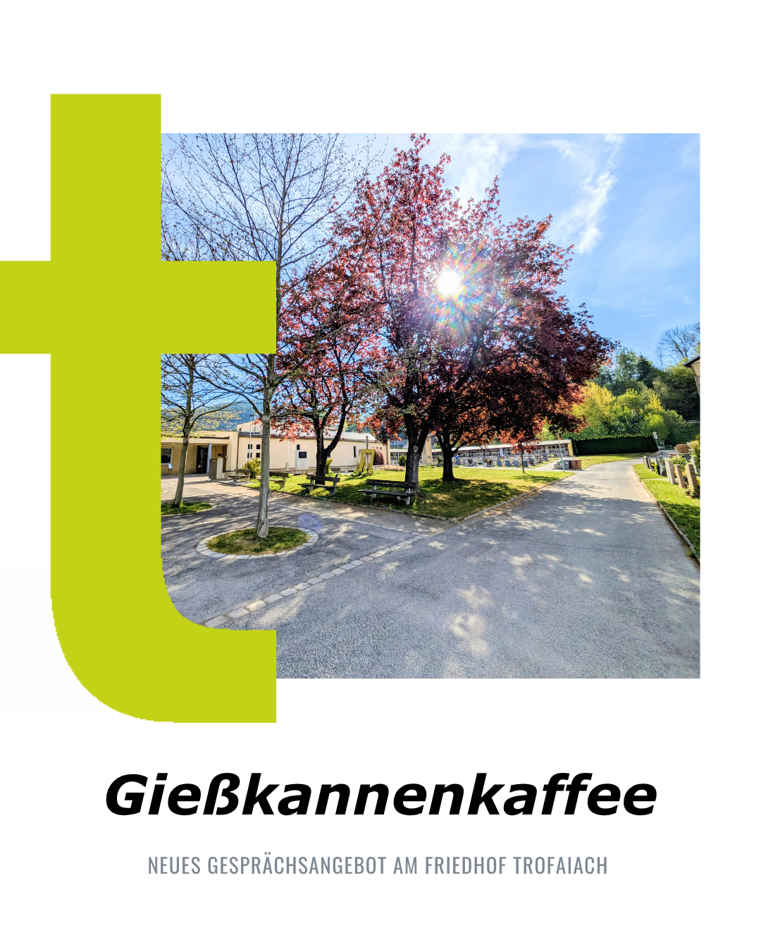 A sunny park scene with a walkway, benches, and a building with the words 'GieBkannekaffee'.