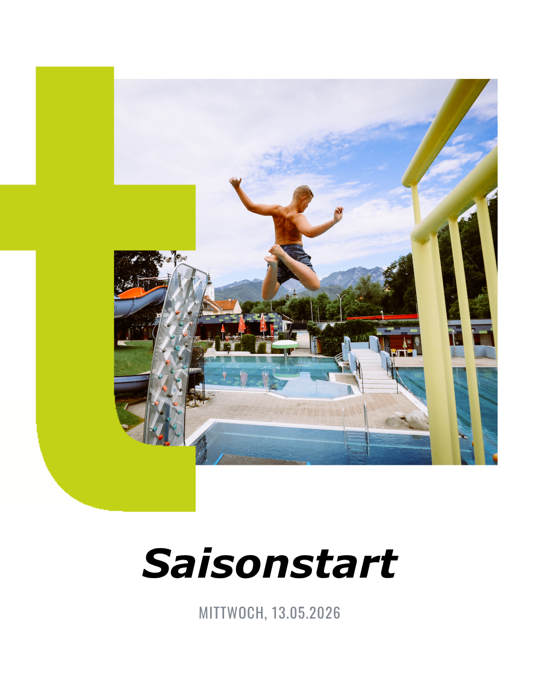Ein Mann springt in einen Pool, während ein anderer Mann auf einer Kletterwand steht. Der Pool hat eine gelbe Brüstung.