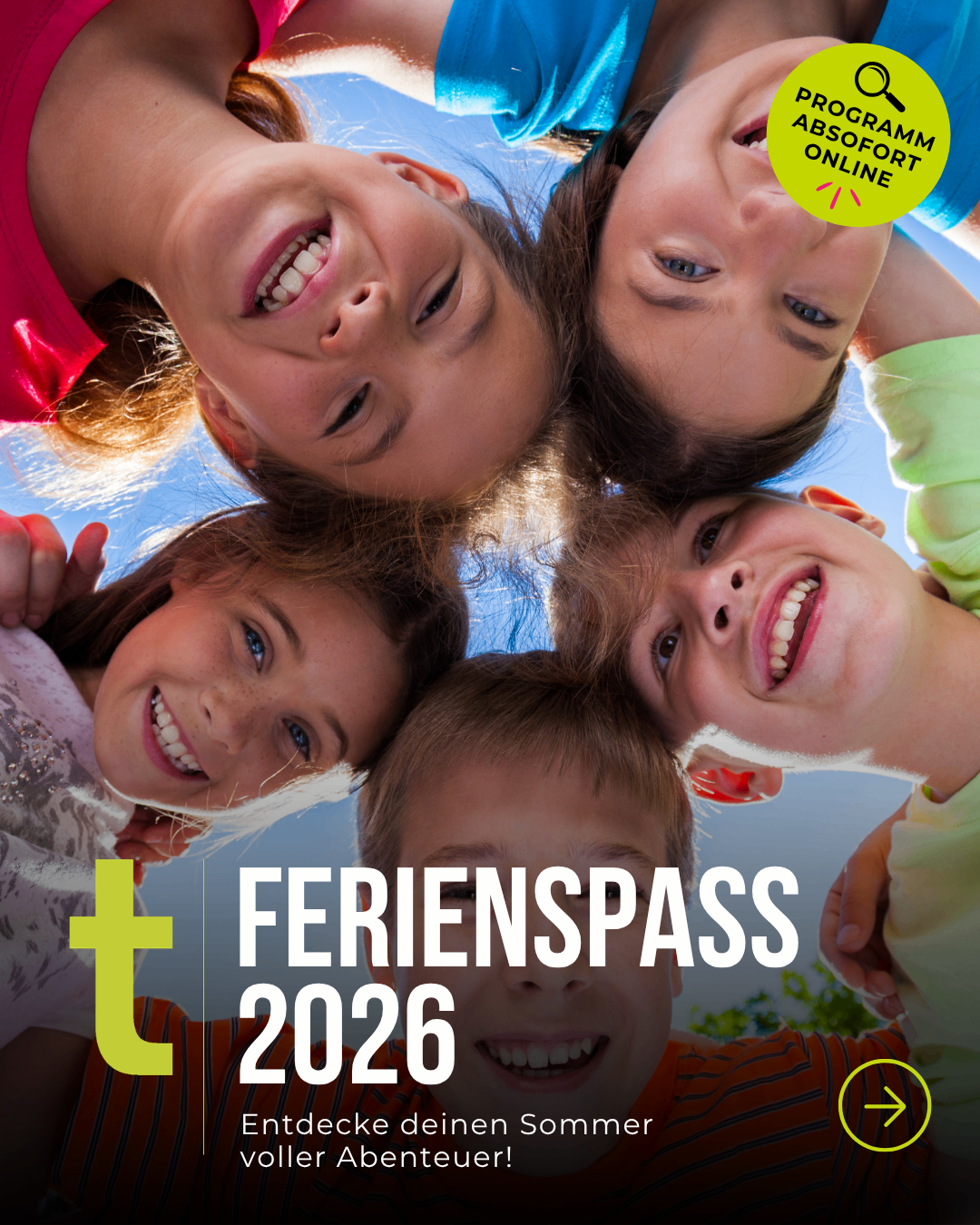 Ein Kreis von Kindern, die lächeln und in die Kamera schauen. Der Text 'Ferienspass 2026' wird angezeigt. Der Hintergrund ist blau.