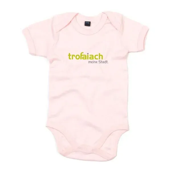 A pink baby bodysuit with 'trofaiach' and 'meine Stadt' written in green. It is displayed on a white background.